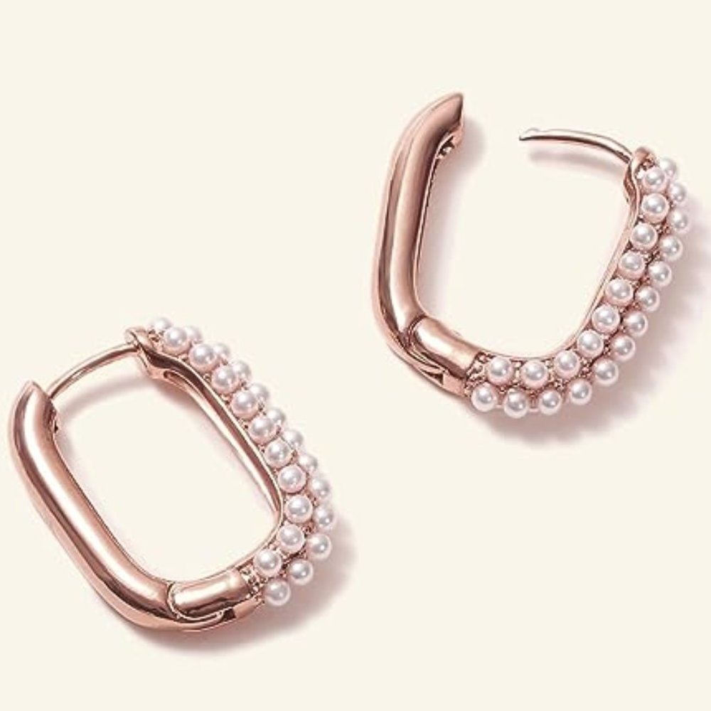 Rose Gold and Pearl Rectangle Hoops Rectangular Hoop Earrings Pave Pearls - Picture 4 of 12